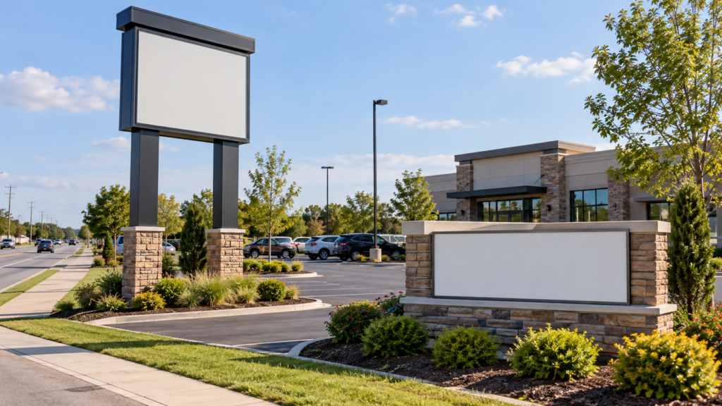 Pylon sign and monument sign outside a modern commercial business property with landscaped grounds and parking.